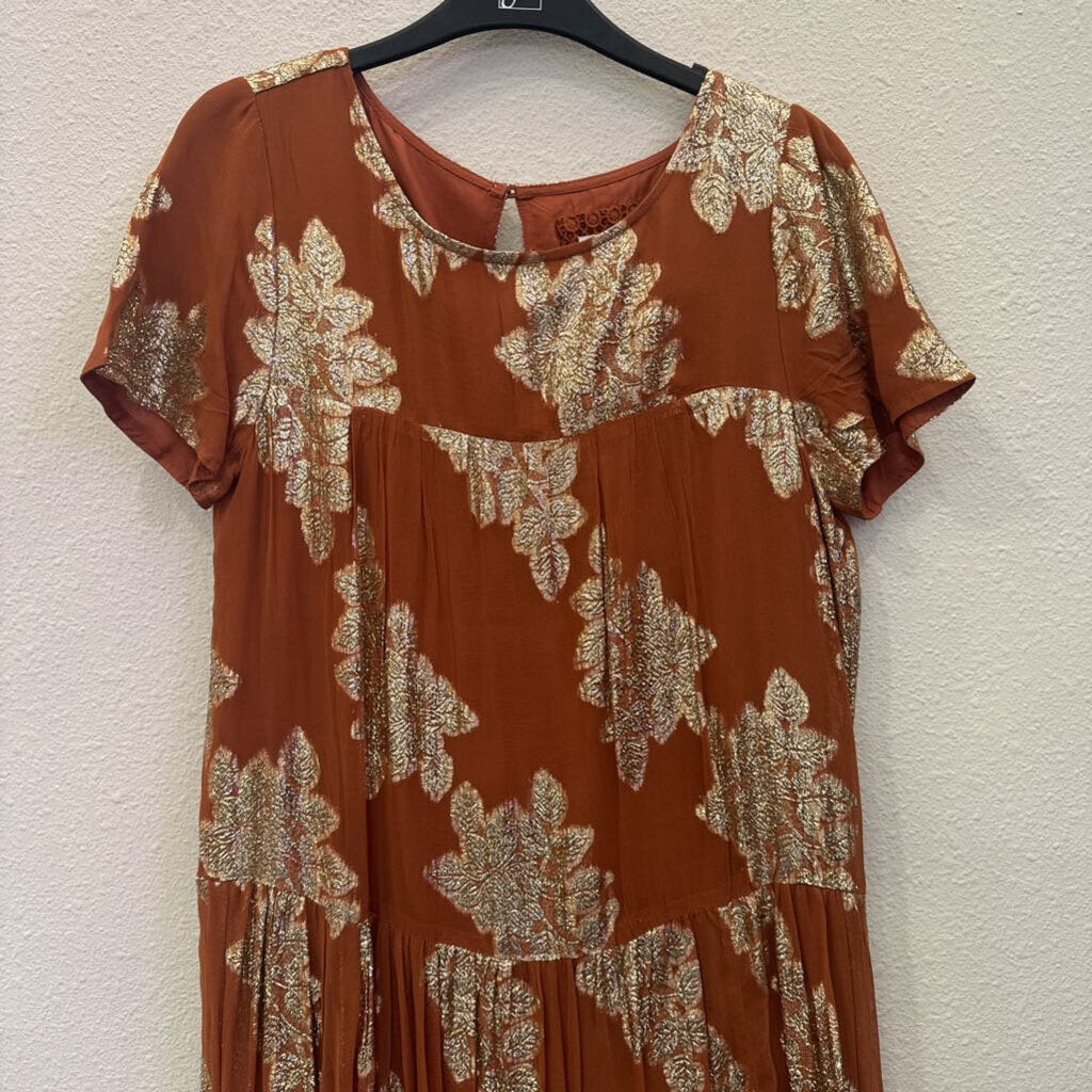 ANTHROPOLOGIE,NWT FLORAL TIERED DRESS ,RUST GOLD ,S