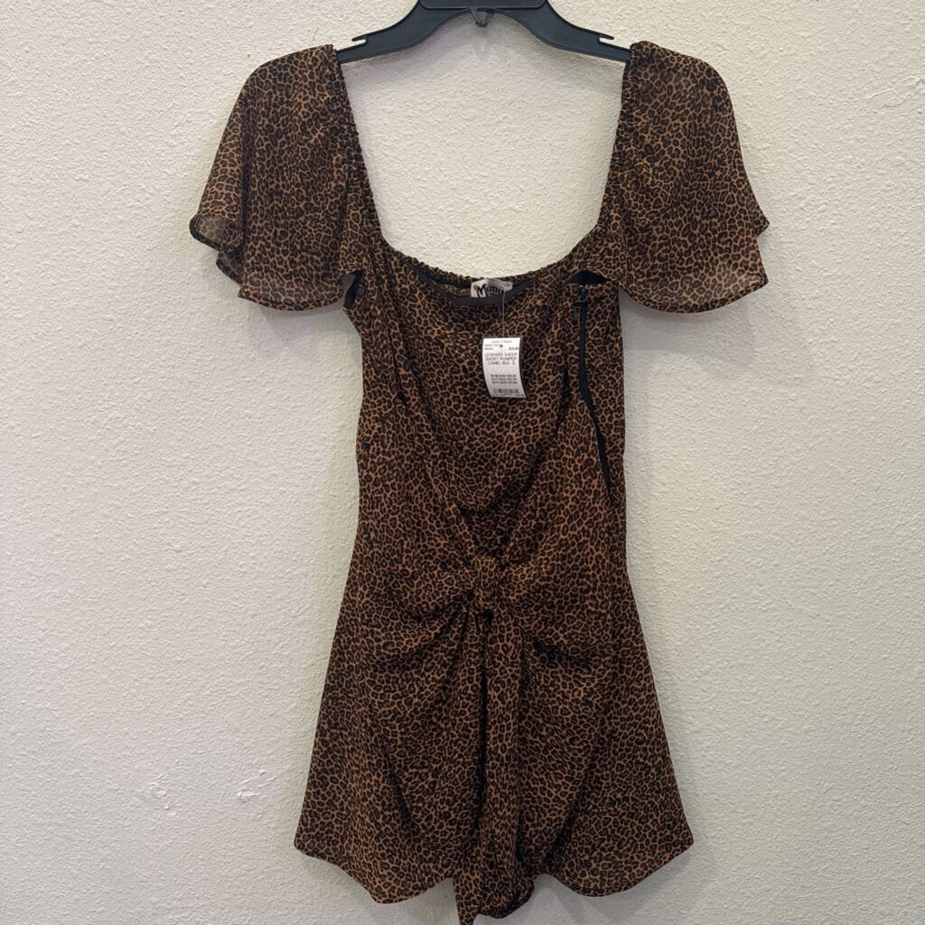 MUMU,LEOPARD SHEER SHORT ROMPER ,CAMEL BLK ,S