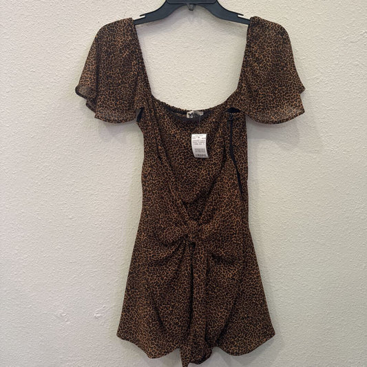 MUMU,LEOPARD SHEER SHORT ROMPER ,CAMEL BLK ,S
