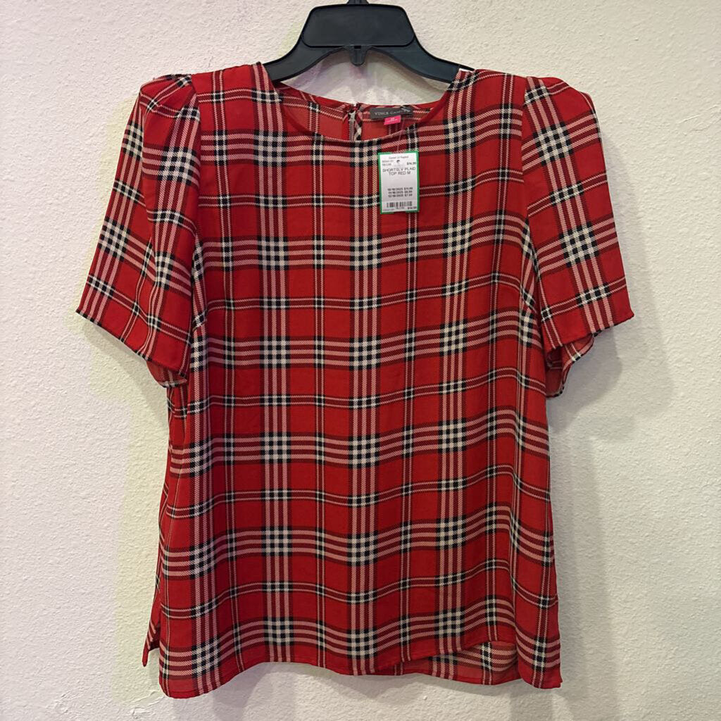 VINCE CAMUTO,SHORTSLV PLAID TOP,RED,M