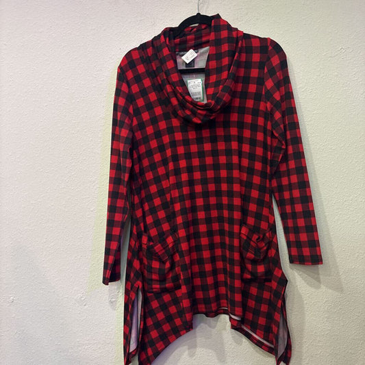 CHELSEA & THEODORE,LONGSLV BUFF PLAID TOP,RED BLK,S