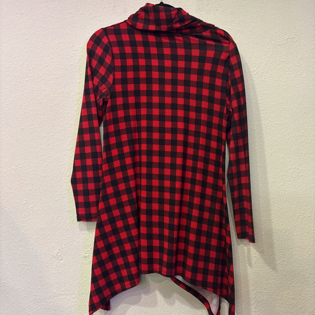 CHELSEA & THEODORE,LONGSLV BUFF PLAID TOP,RED BLK,S