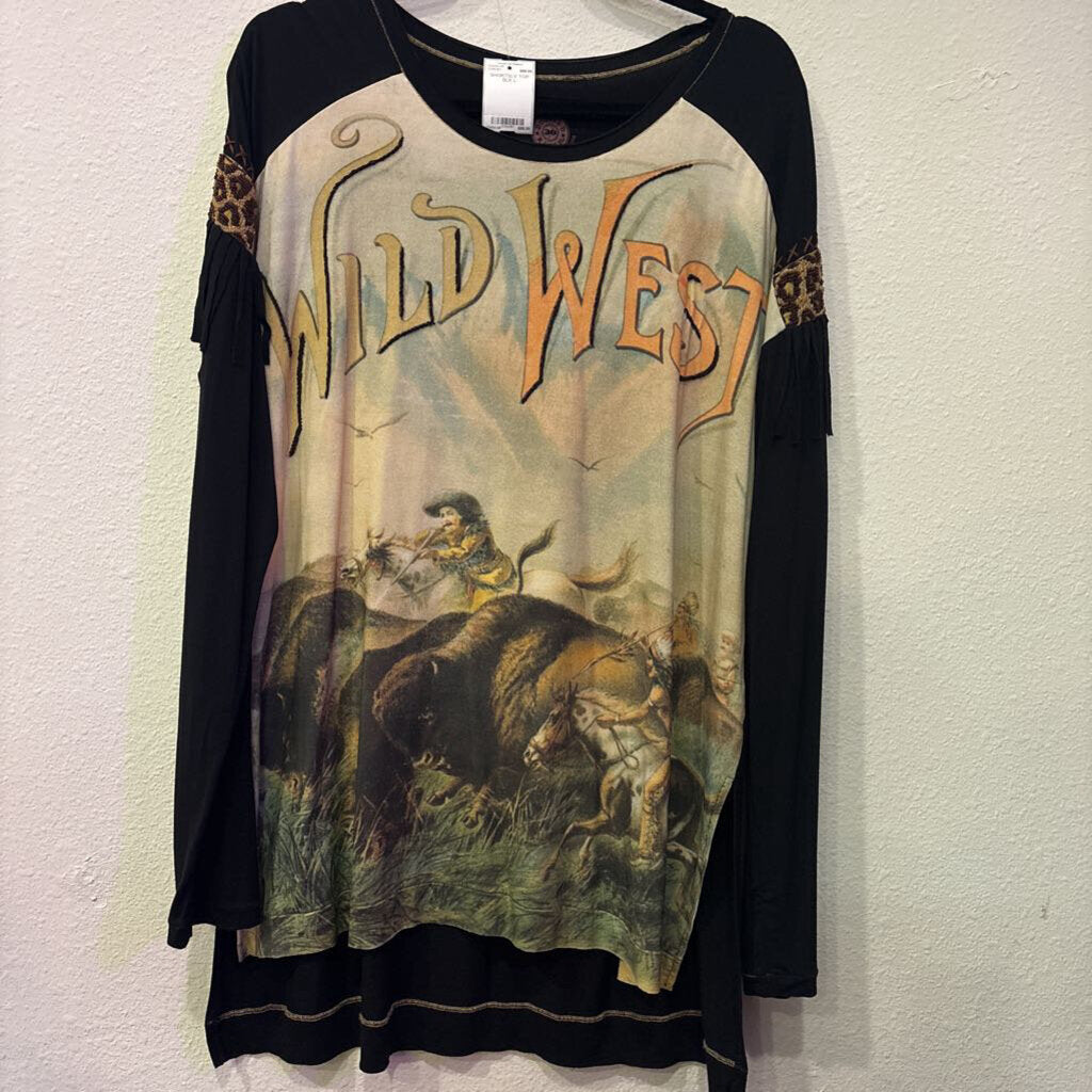 DOUBLE D RANCH,SHORTSLV TOP,BLK,L