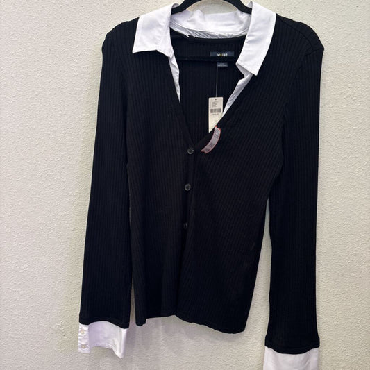 MAEVE (ANTHRO),LONGSLV RIBBED COLLAR TOP,BLK ,L