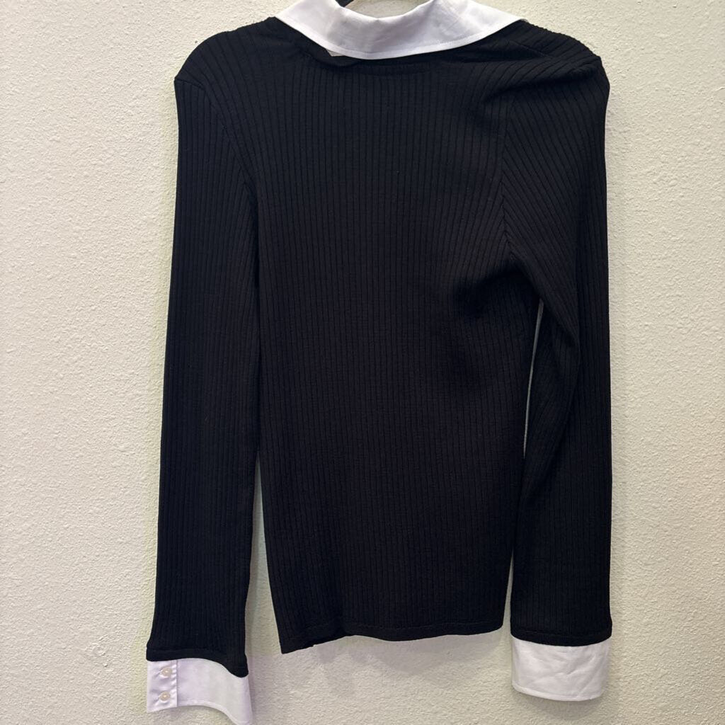 MAEVE (ANTHRO),LONGSLV RIBBED COLLAR TOP,BLK ,L