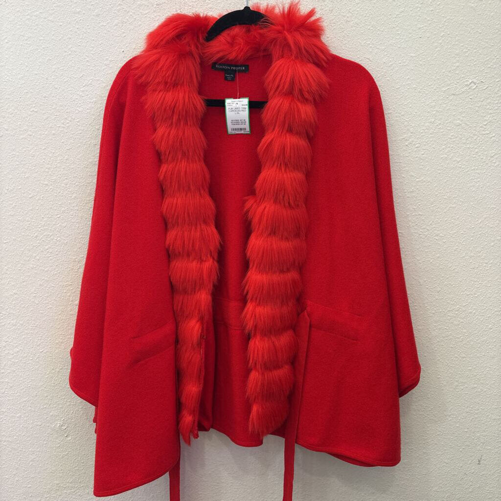 BOSTON PROPER,FUR LINED TRIM CARDIGAN,RED,L/XL