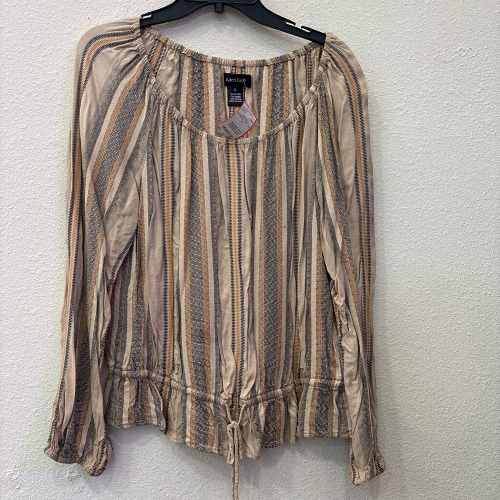 KAREN KANE,LONGSLV STRIPED TOP,TAN,XL