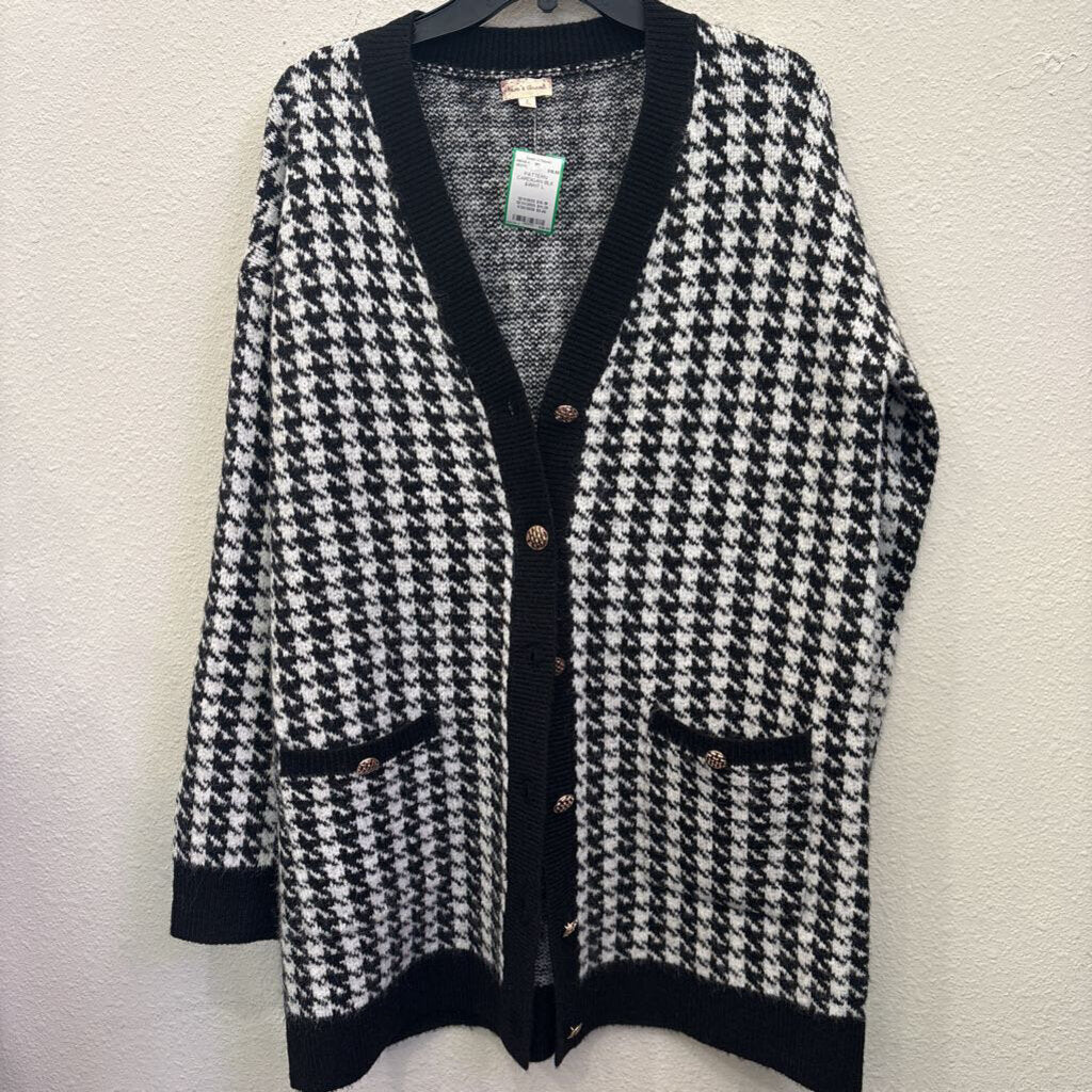 HEM &THREAD,PATTERN CARDIGAN,BLK &WHT,L