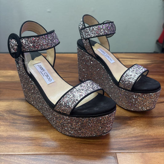 JIMMY CHOO,GLITTER ESPADRILLES,BLK SILVER,40.5