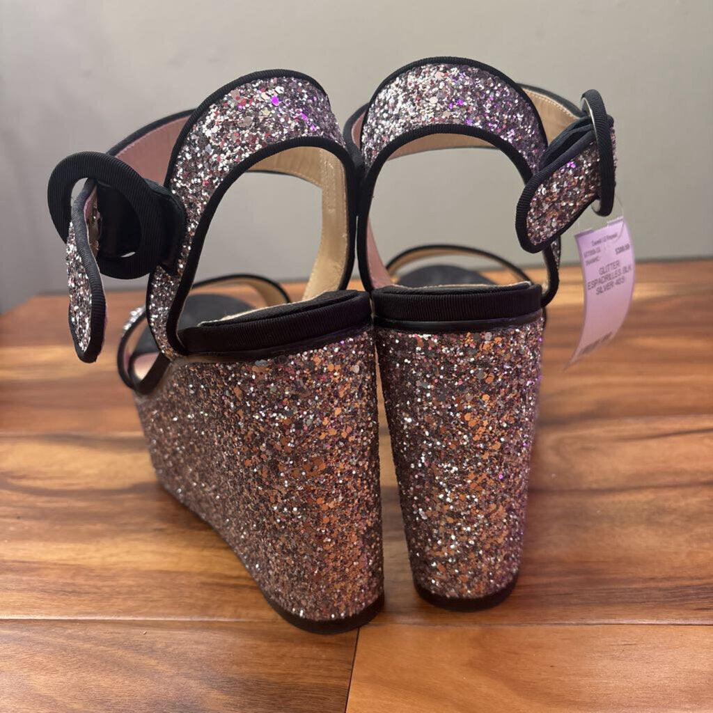 JIMMY CHOO,GLITTER ESPADRILLES,BLK SILVER,40.5