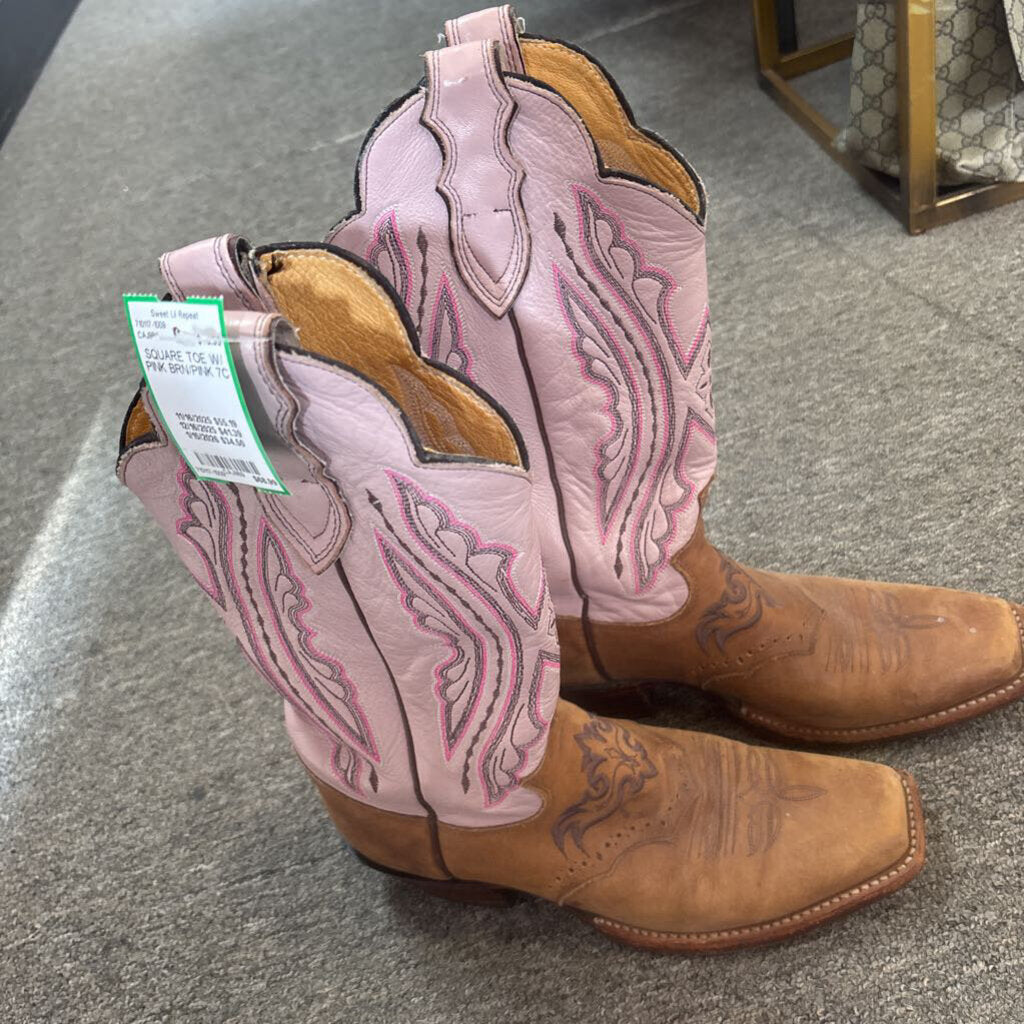 JUSTIN,SQUARE TOE W/ PINK,BRN/PINK,7C