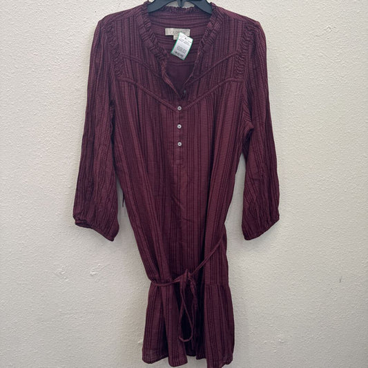 LOFT,PLAID TIERED DRESS ,MAROON,L