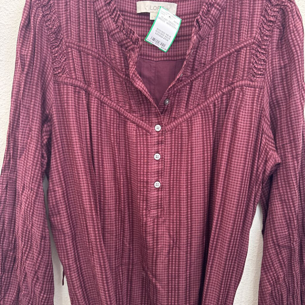 LOFT,PLAID TIERED DRESS ,MAROON,L