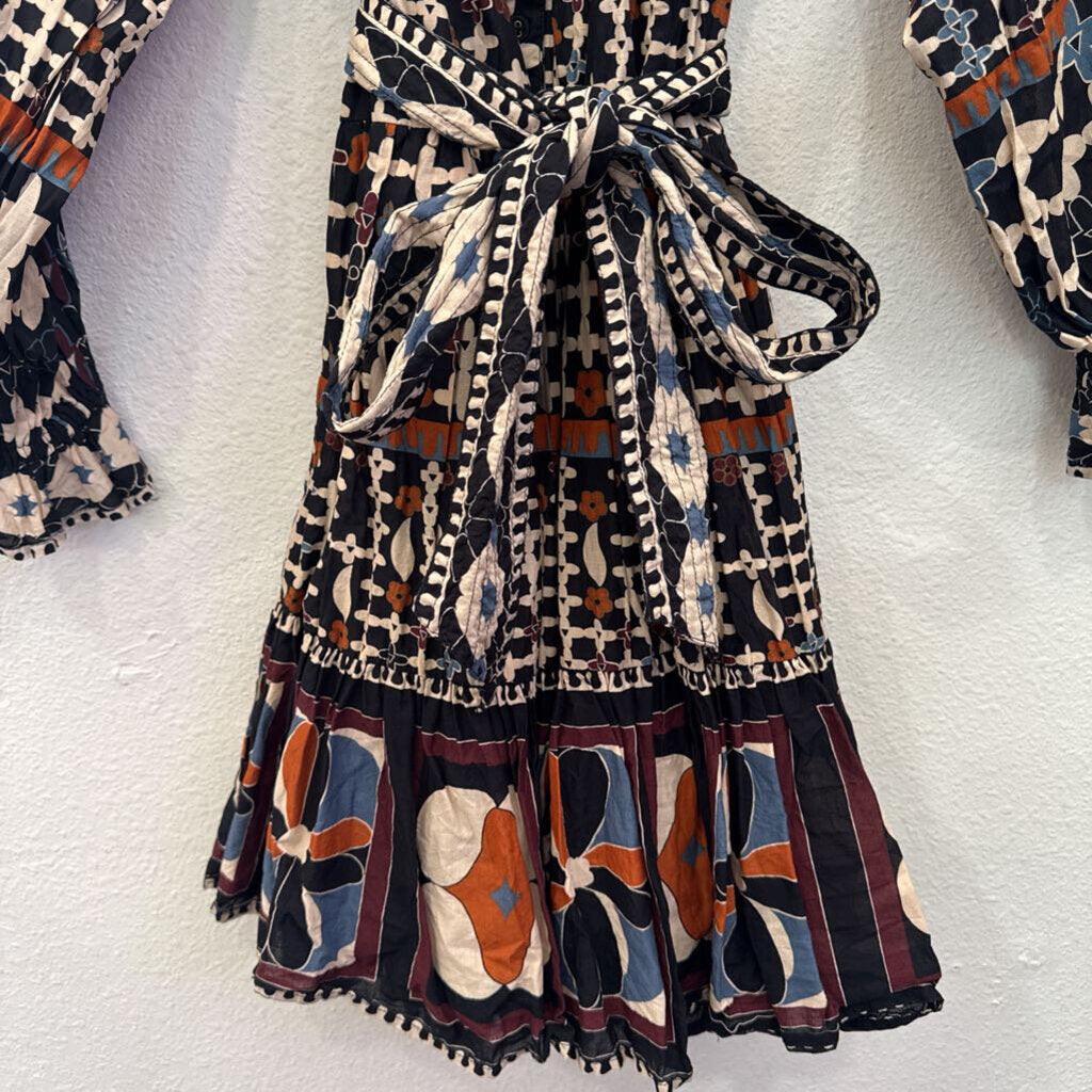C LESOBELLA,FLORAL TIERED DRESS ,BLK/MULTI,XL