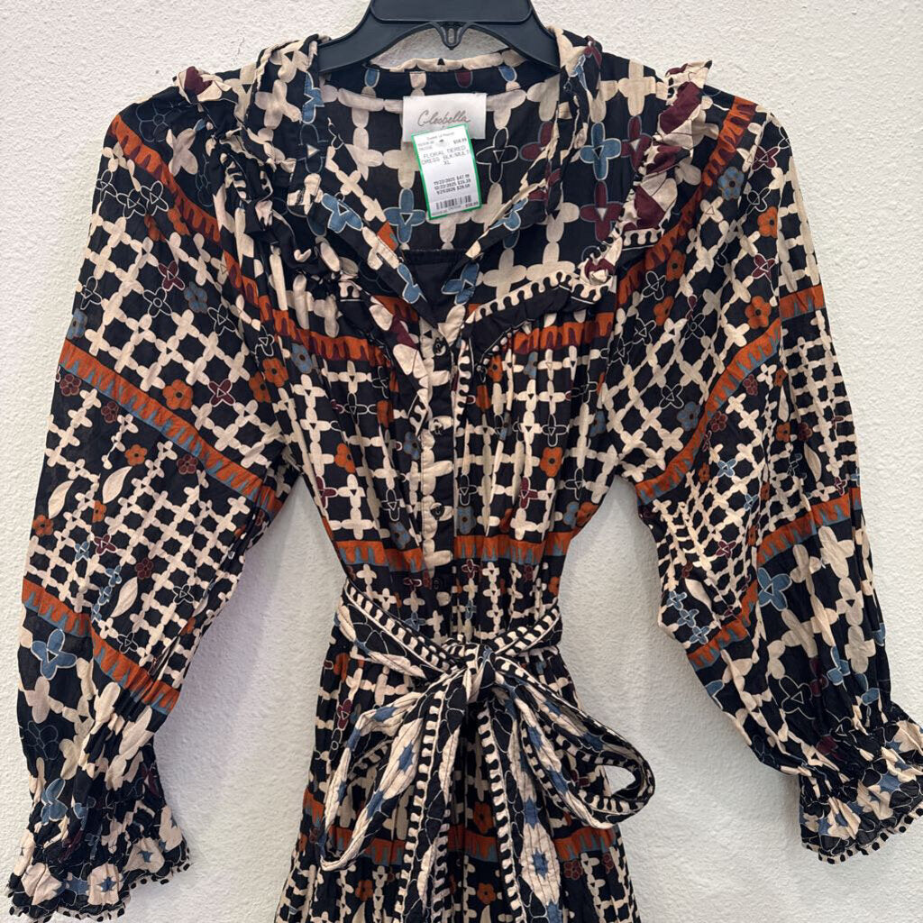 C LESOBELLA,FLORAL TIERED DRESS ,BLK/MULTI,XL