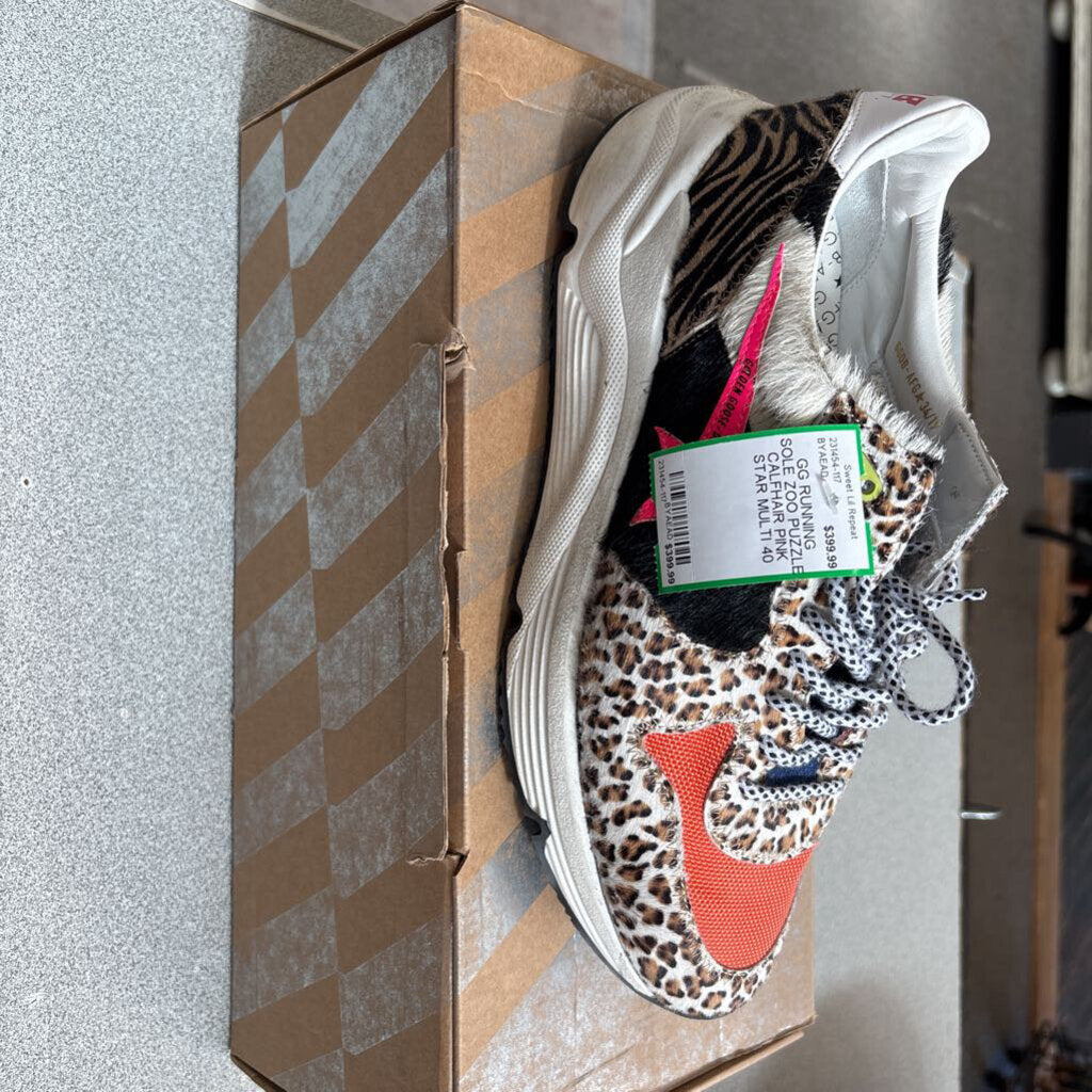 GOLDEN GOOSE DELUXE,NEW Authentic GG RUNNING SOLE ZOO PUZZLE CALFHAIR PINK STAR,animal print,40