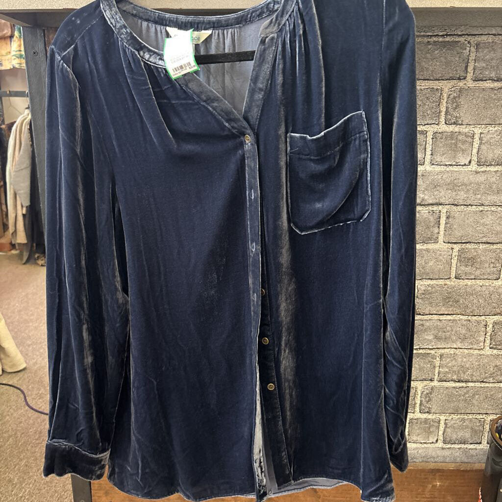 SUNDANCE, PILCRO VELOUR BUTTON UP BLOUSE,BLUE,LG