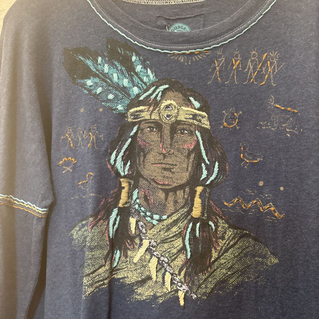 DOUBLE D RANCH,DD EMBROIDERED TSHIRT W/ INDIAN,BLUE,L