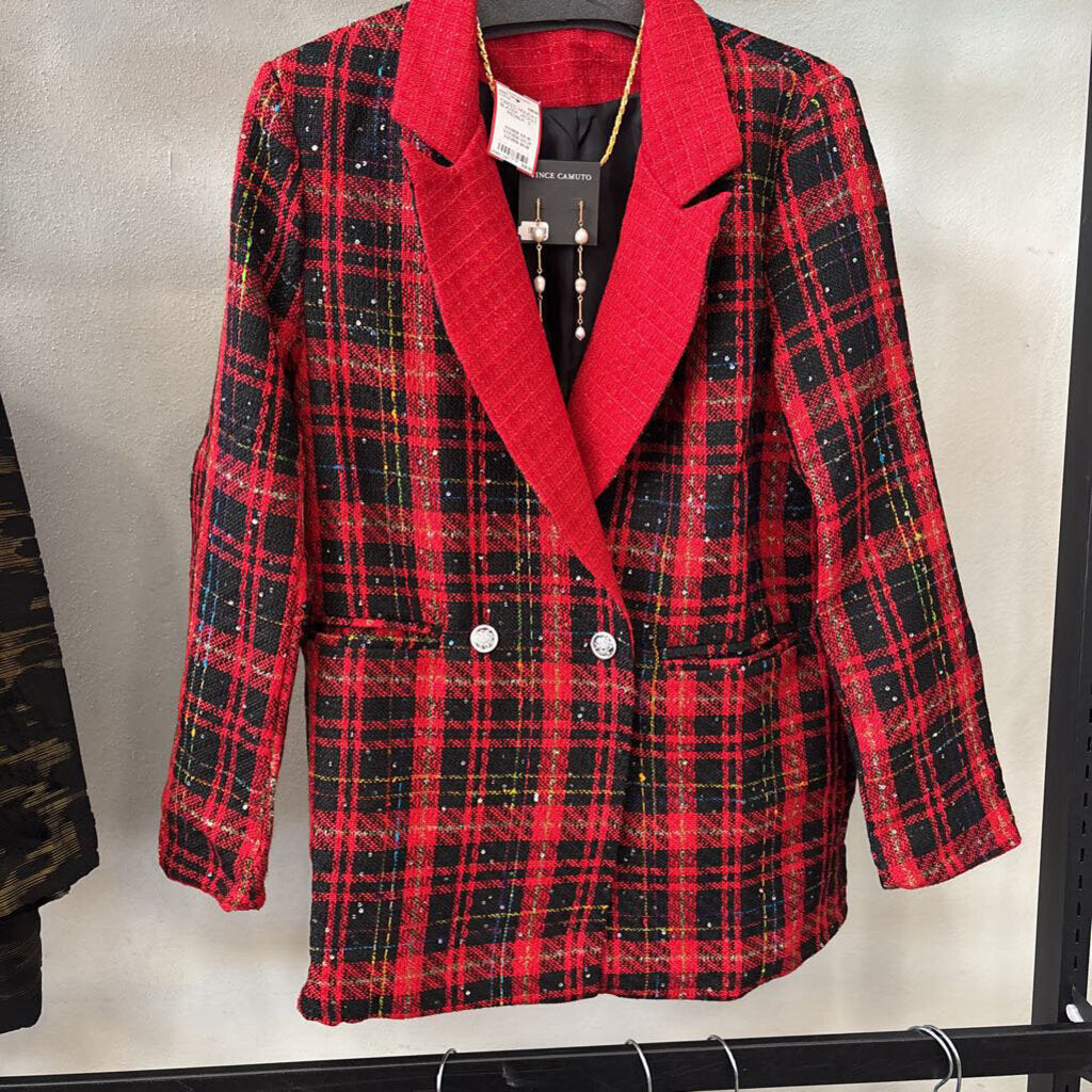 NO LABEL,TWEED HOLIDAY BLAZER JACKET ,REDBLK ,S