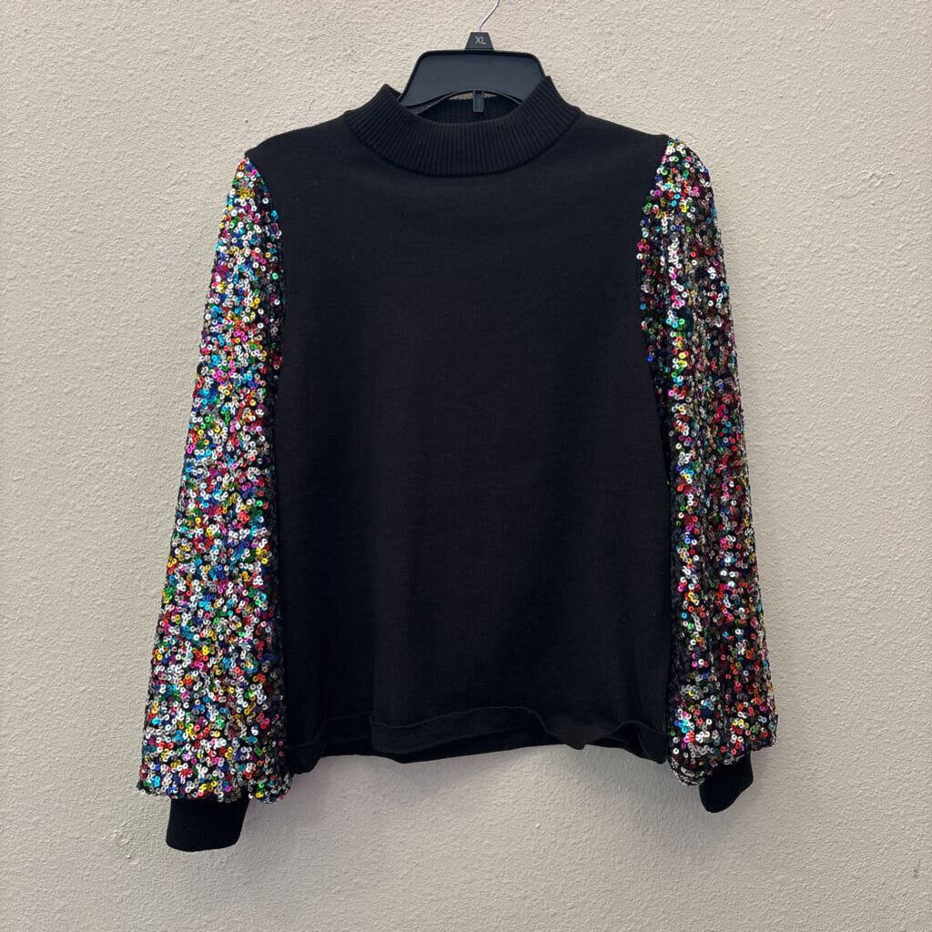 GEEGEE,SEQUIN SLEEVES BLK SWEATER, SM