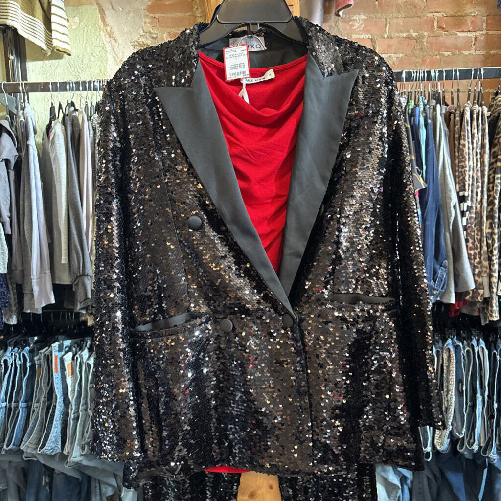 KATIE HEWKO,SEQUIN AND SATIN BALZER,BLK,L