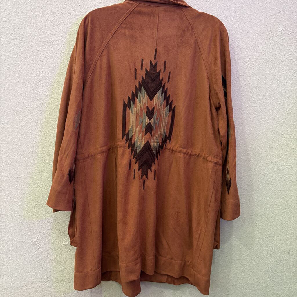 CROCHET FAUX SEUDE JACKET, RUST31.99,SM