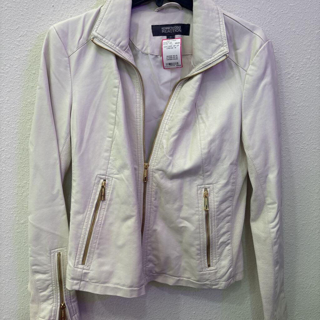 KENNETH COLE,LEATHER ZIP UP,CREAM ,M