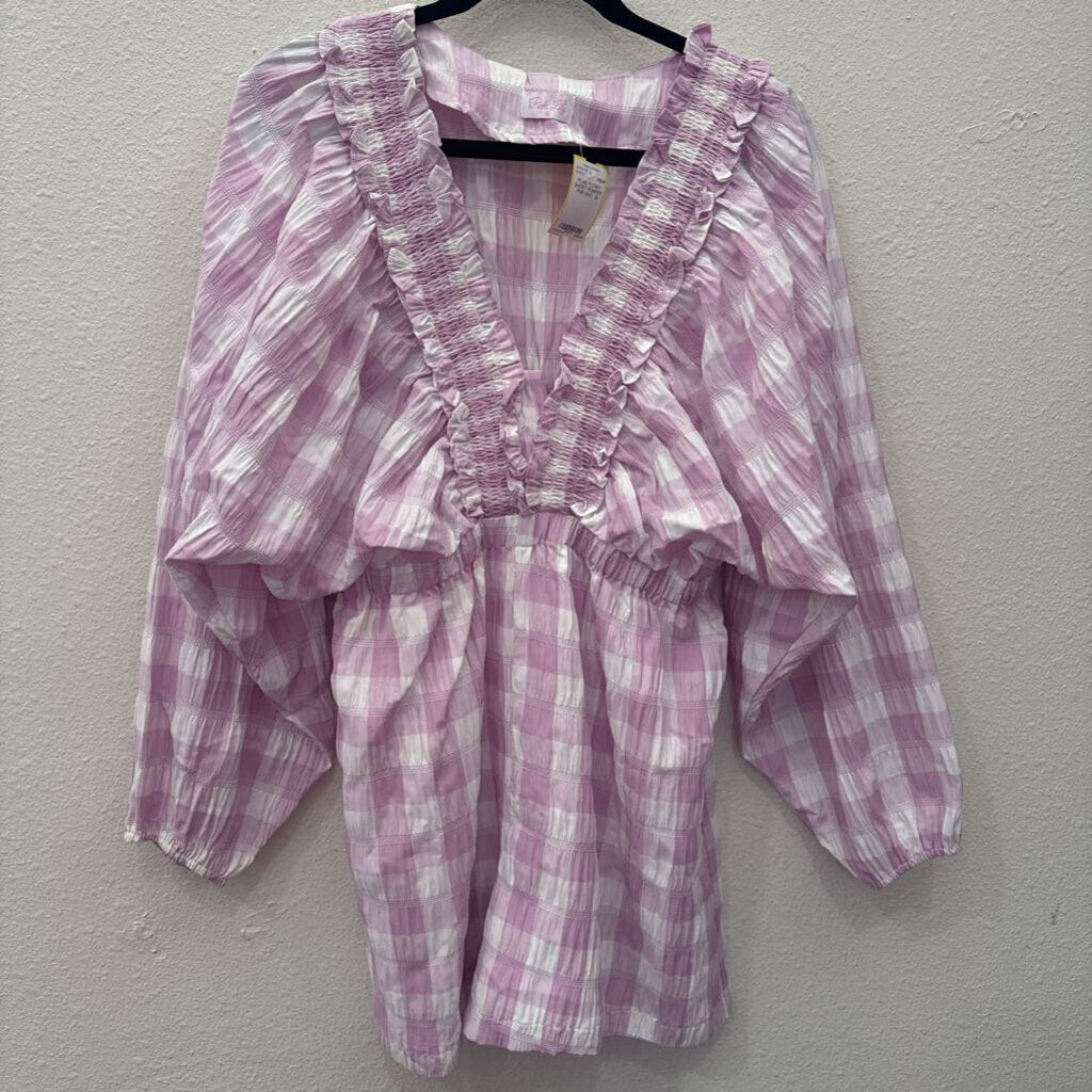 PINK LILLY,PLAID FLOWY SHORT ROMPER ,PUR WHT ,M