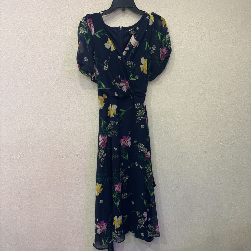 DKNY,S/S V NECK HIGH WAIST ,BLUE FLORAL,10