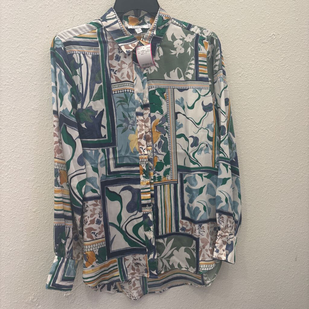 CHICOS,PATTERNED SILK LIKE TOP ,GREEN MULTI,0