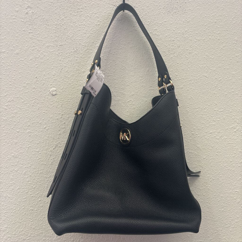 MICHAEL KORS,NEW LEATHER MK SHOULDER HANDBAG ,BLK GOLD