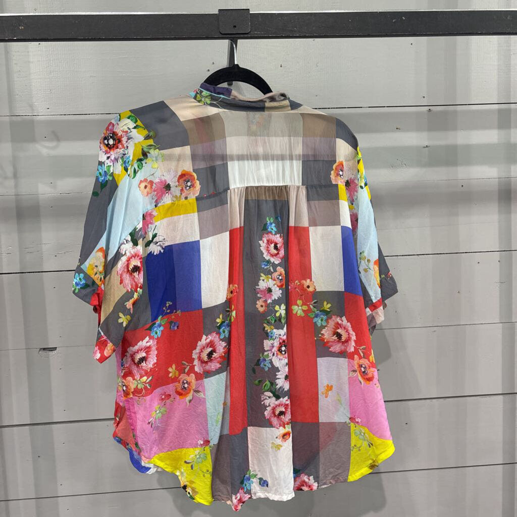 JOHNNY WAS,FLORAL CHECK BLOUSE,MULTI,M