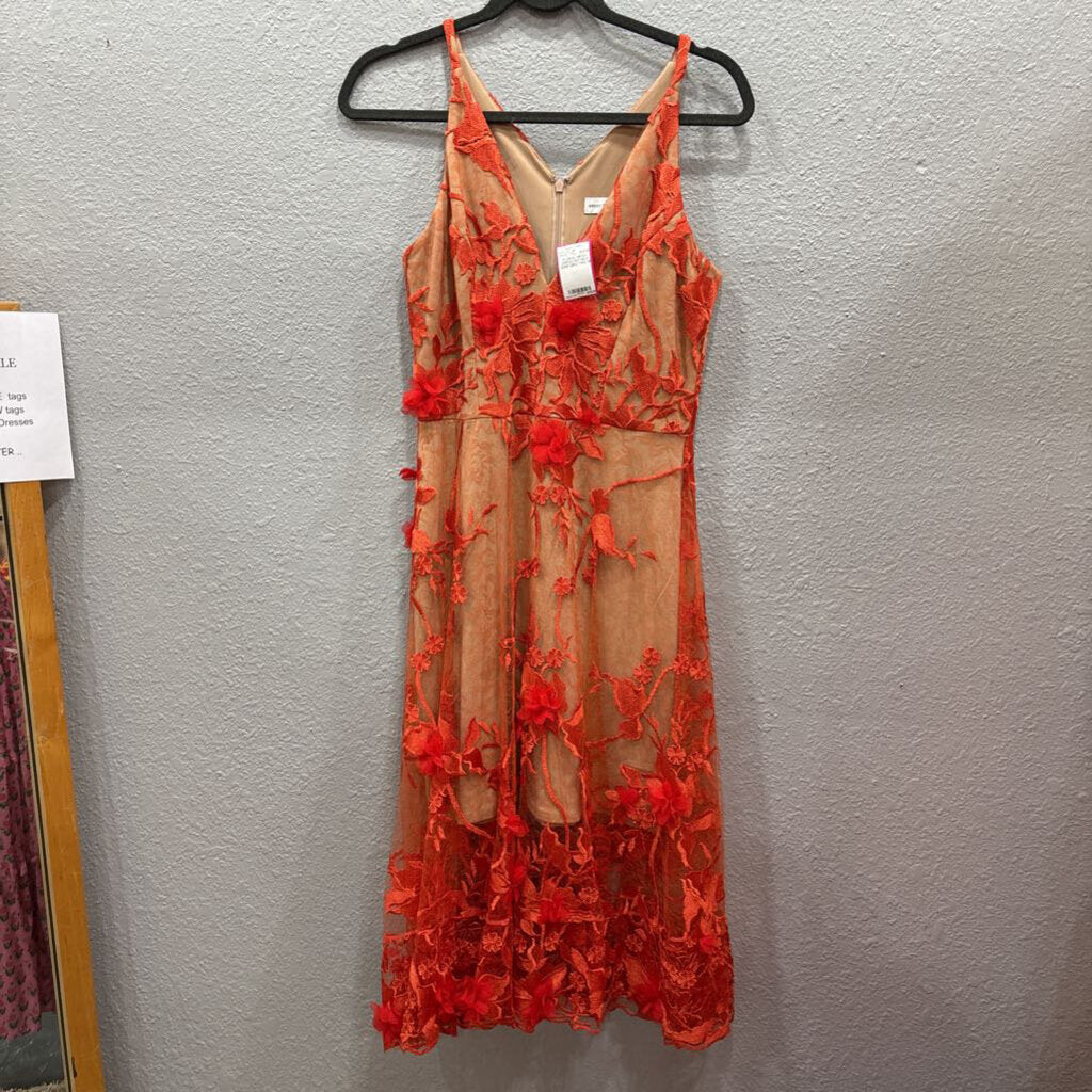 FLORAL MESH DRESS RETAILS $298,ORG TAN ,M