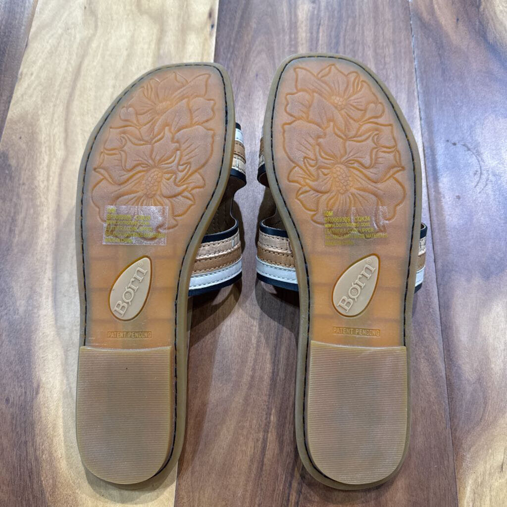 BORN,NEW LEATHER SANDAL ,CAMEL BLK ,10