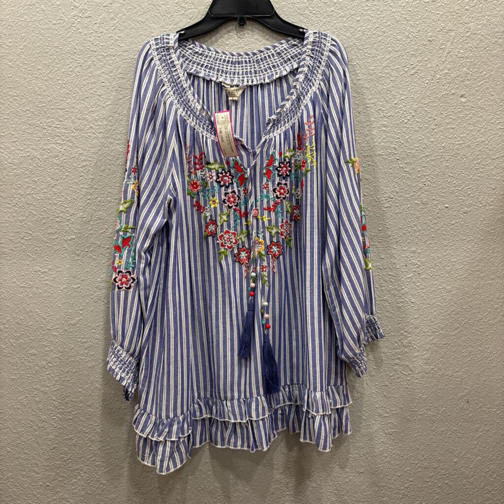 TRU LUXE,STRIPEDEMBROIDERED TOP,WHT/BLUE,LG