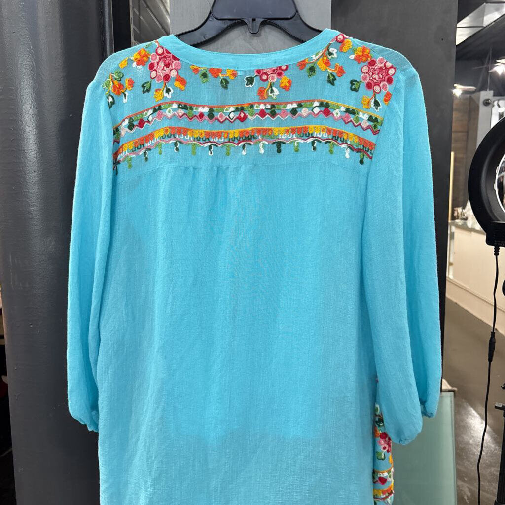 FIGUEROA & FLOWER,SHEER TOP W/ BORDER FLOWERS,TURQ,M