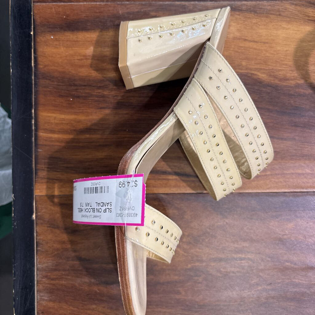 STUART WEIZMAN,SLIP ON BLOCK HEEL SANDAL ,TAN ,7.5