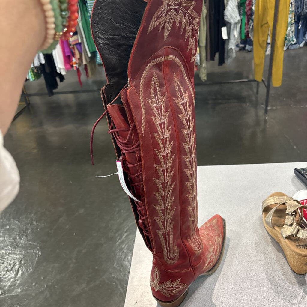 LANE,OVER THE KNEE COWBOY BOOTS ,RED,8.E