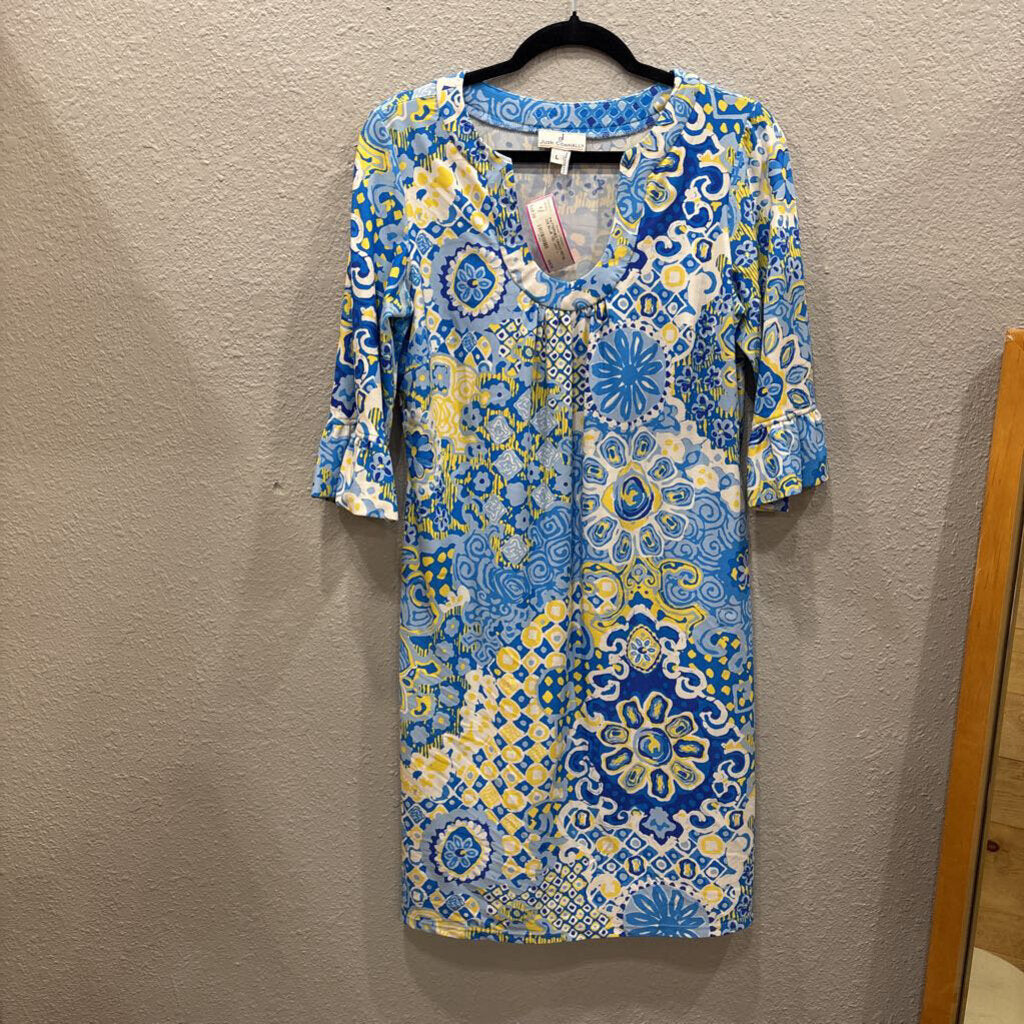 JUDE CONNALLY,PATTERNED DRESS RETAIL 228,BLUE YEL WHT,L