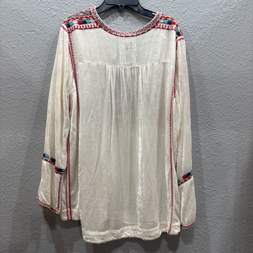 JOHNNY WAS,JWAS VELVET AZTEC TOP ,RED WHT BLUE ,M