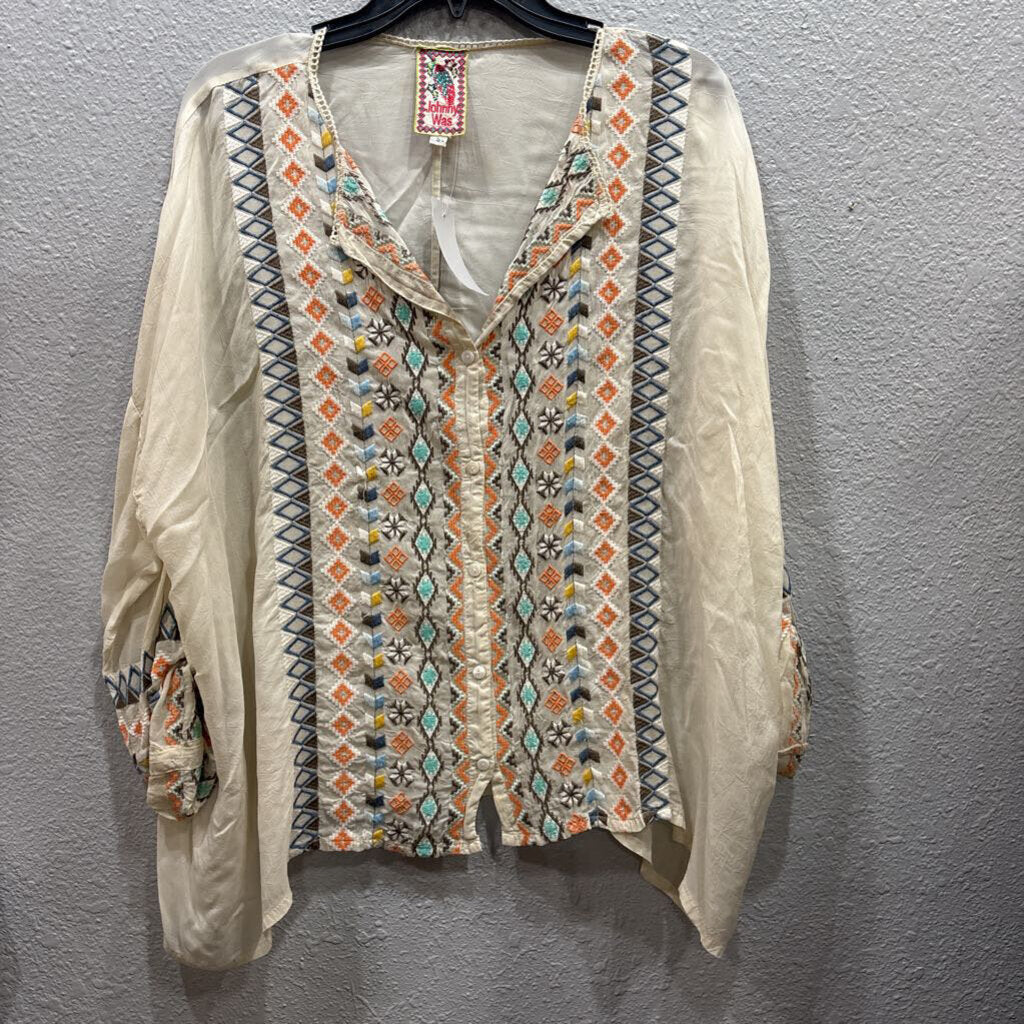 JOHNNY WAS,JWAS BOHO AZTEC TOP ,IVORY MULTI ,S