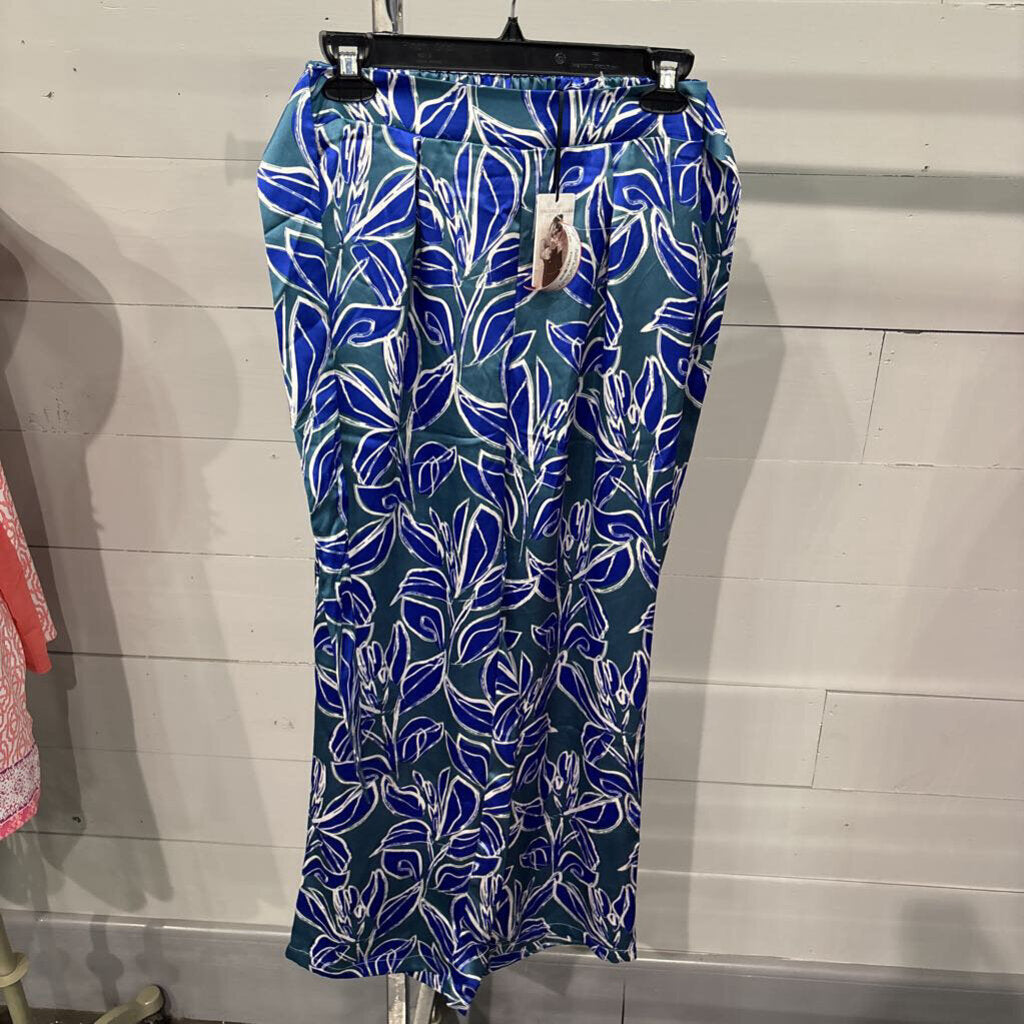 FLOWY FLORAL SILK LIKE PANT,BLUE AQUA,S