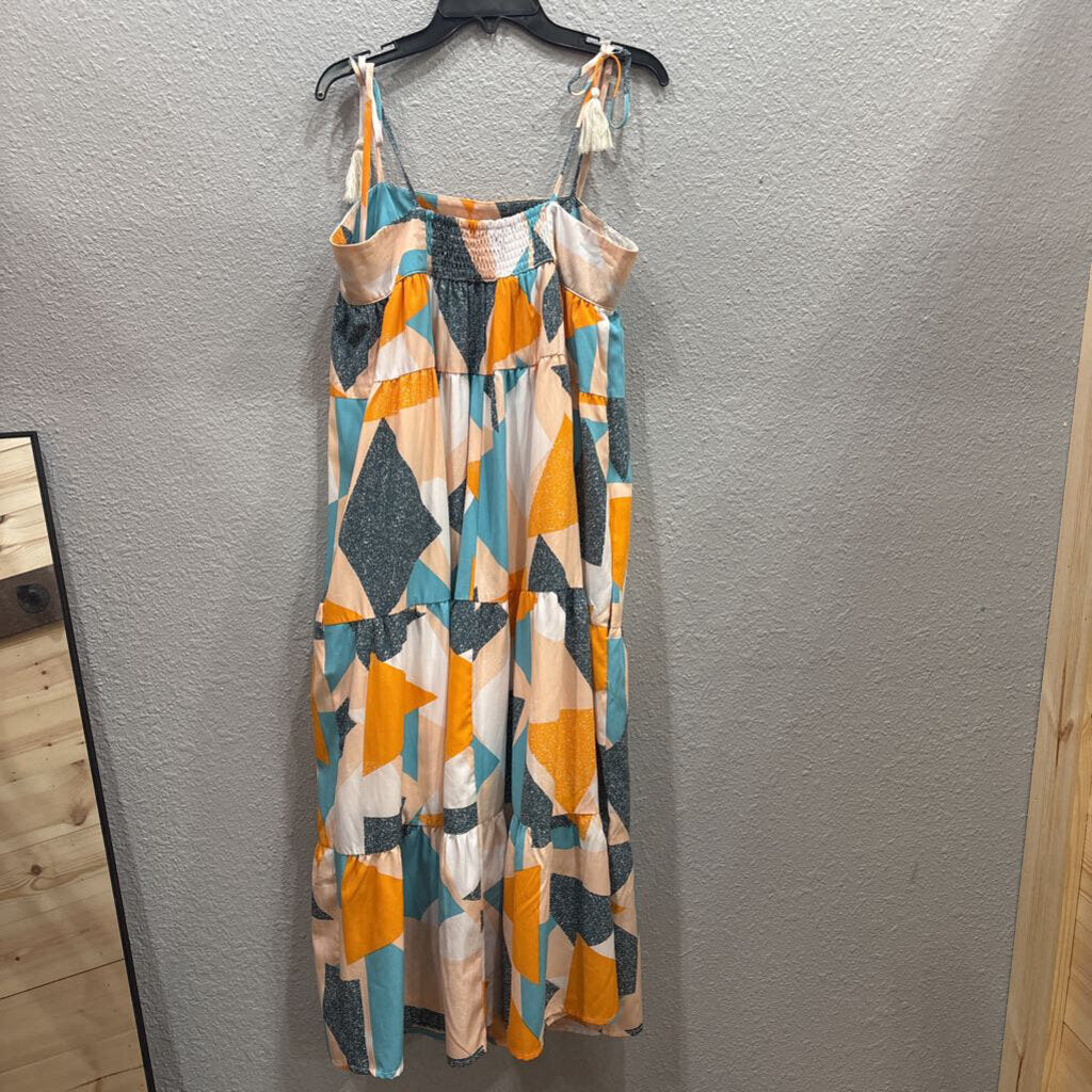 ENTRO,PATTERNED RUFFLE DRESS ,BLUE ORG WHT,S