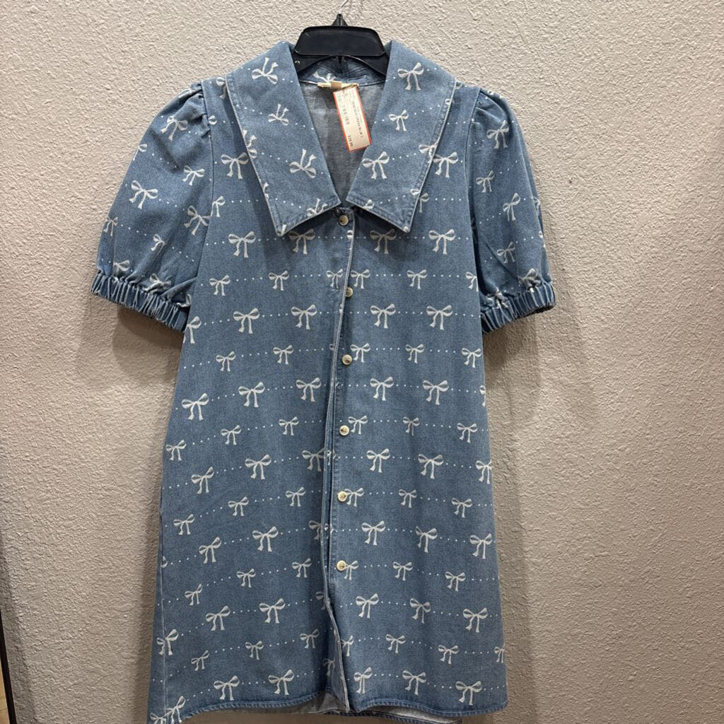 ENTRO,DENIM BOW DRESS,BLUE,L