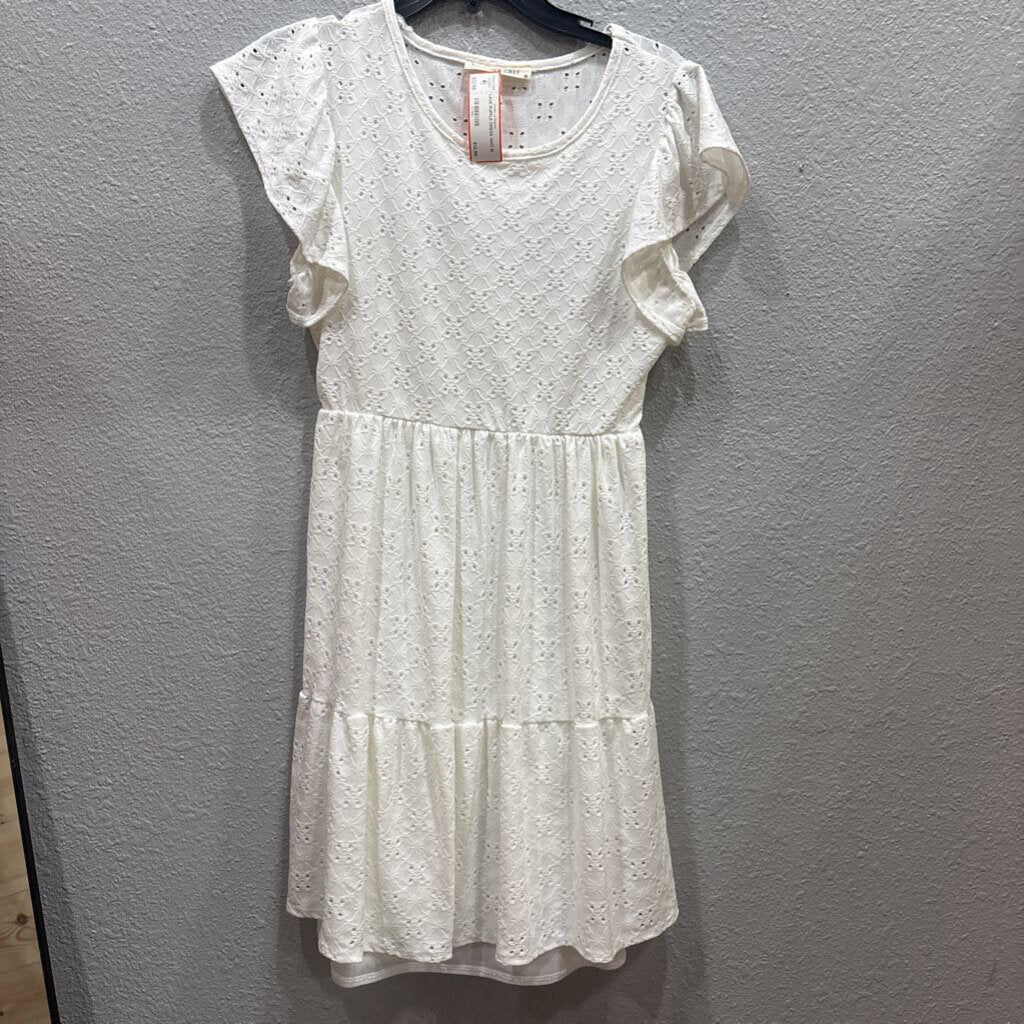 TIFFANY & GREY,LACE RUFFLE DRESS,WHT,M