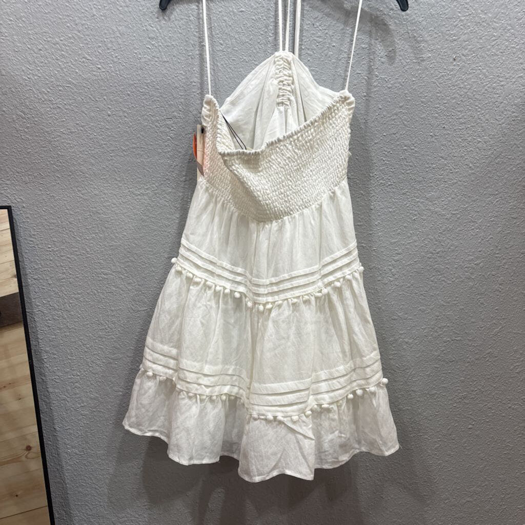 MUSTARD SEED,NWT HALTER POMPOM DRESS,WHT,L