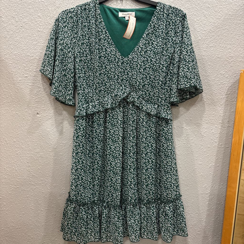 MANYDRESS,FLORAL RUFFLE DRESS,GRN WHT,M