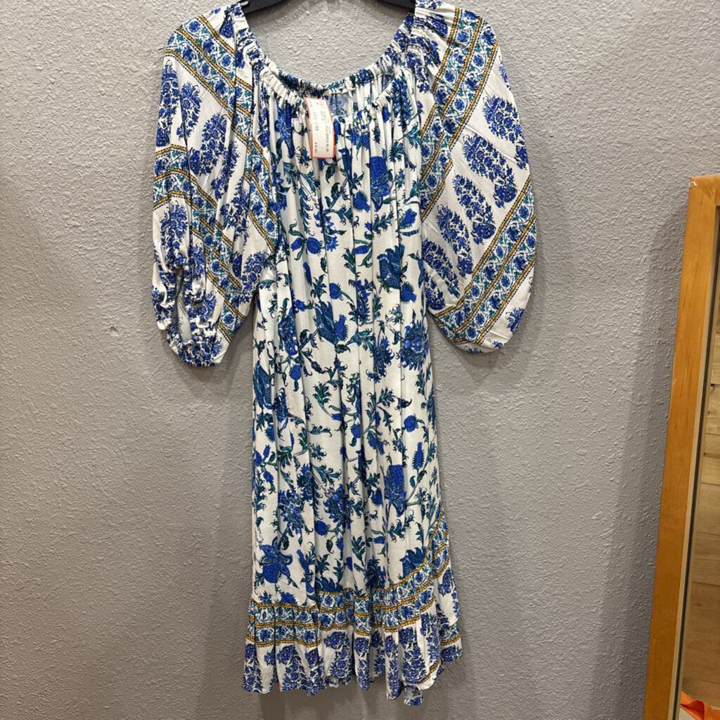 FLORAL RUFFLE DRESS,BLUE WHT ,M