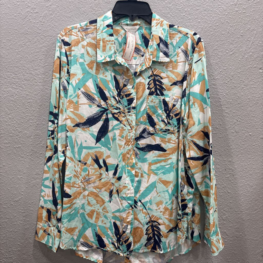 MULTIPLES,PATTERNED TOP ,BLUE TAN TEAL ,L