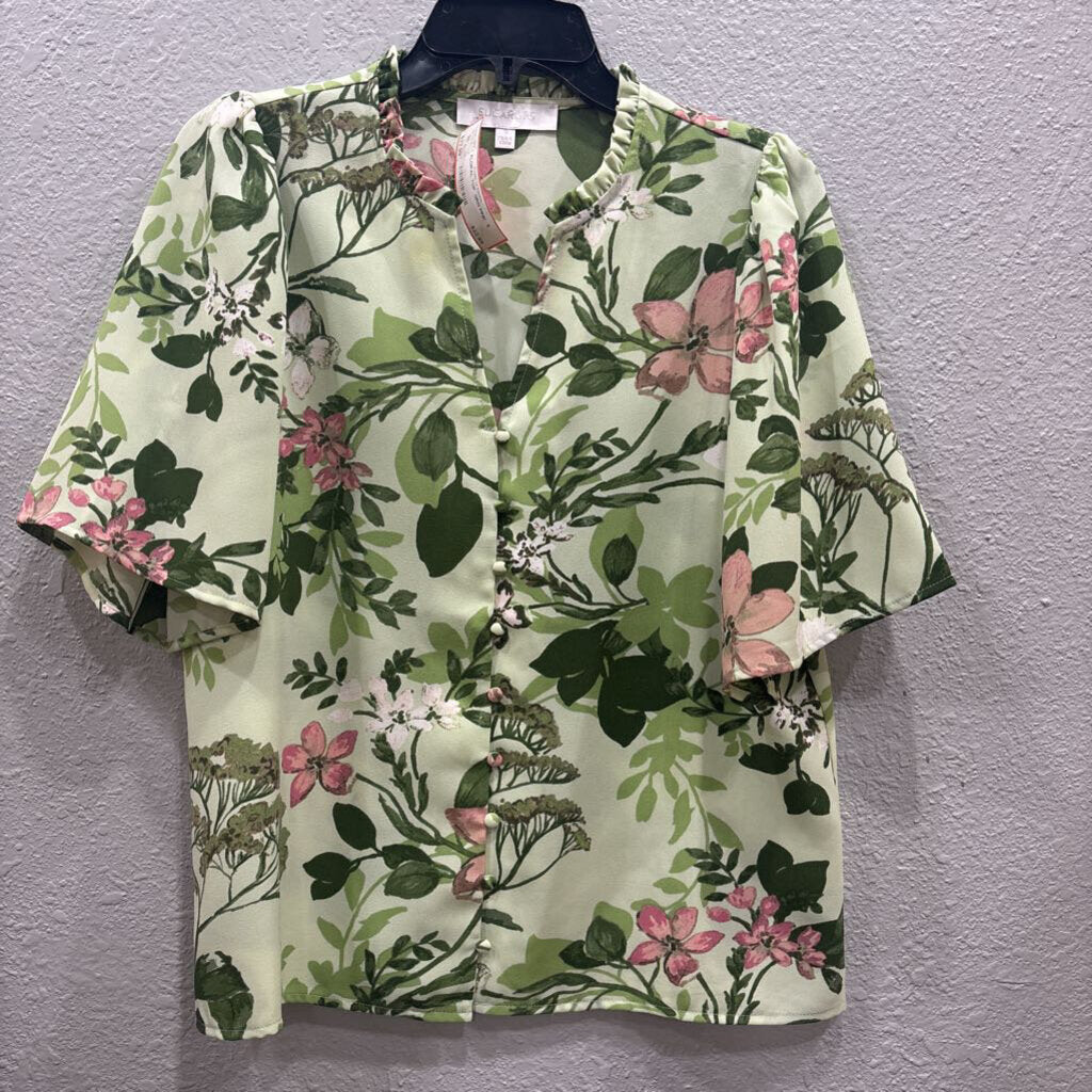 SUGAR LIPS,FLORAL TOP ,GRN PINK ,S
